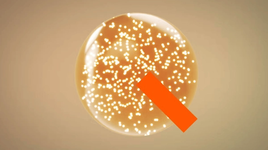 Abstract design featuring a transparent sphere filled with glowing dots and an orange diagonal bar across it.