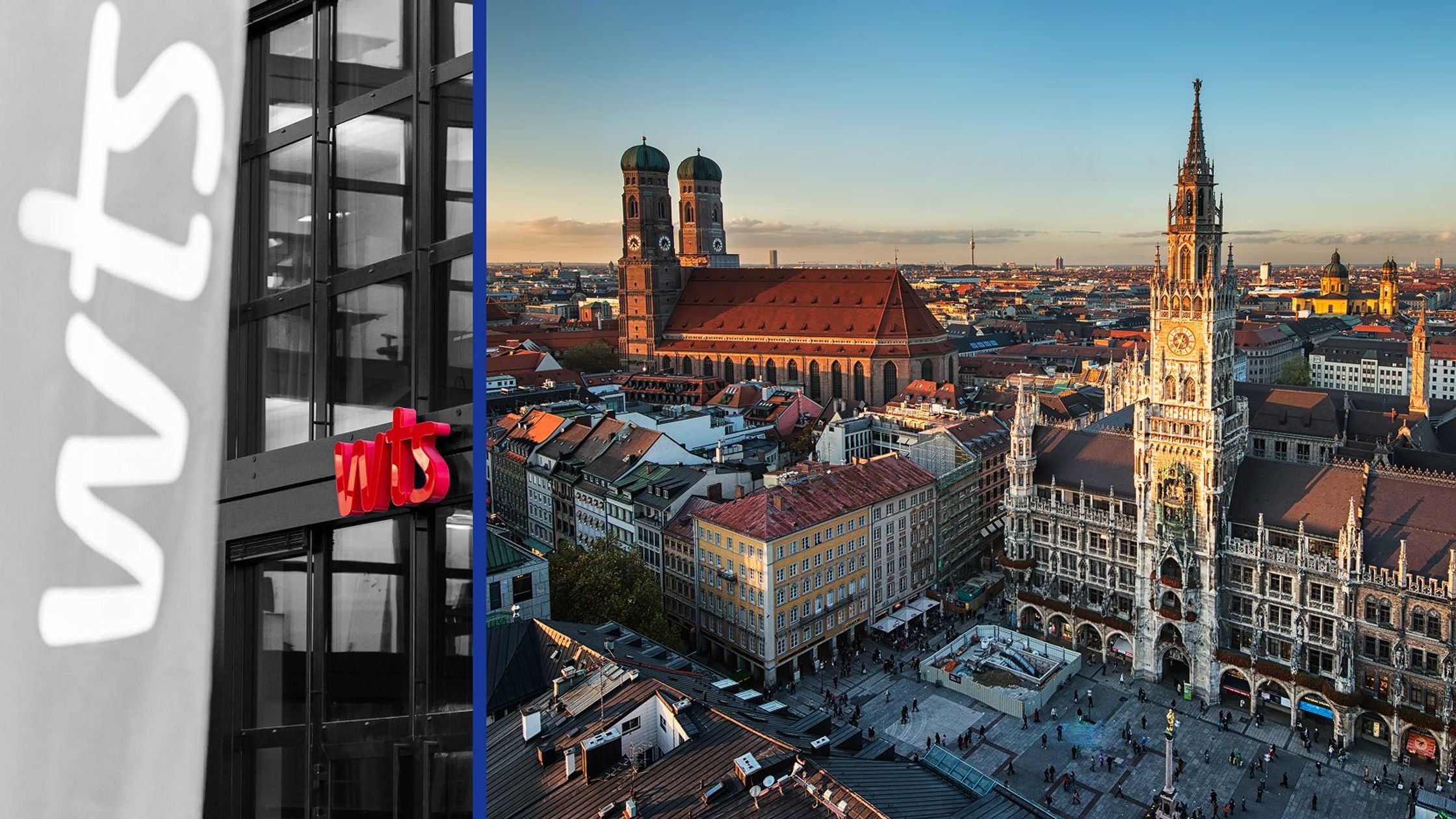 Split image showing a VTB office sign on a modern building beside an aerial view of Munich’s historic city center.