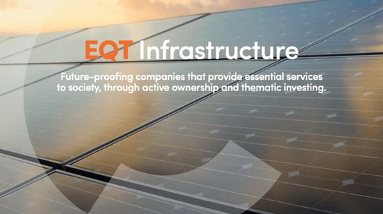 Solar panels under a cloudy sky with the text "EQT Infrastructure: Future-proofing companies that provide essential services to society, through active ownership and thematic investing."
