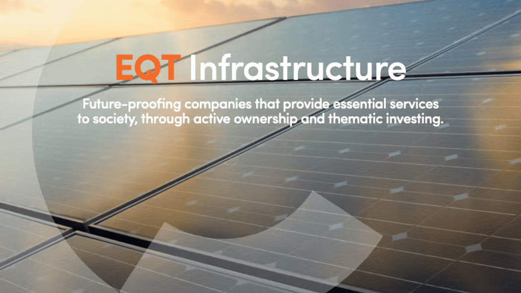 Solar panels under a cloudy sky with the text "EQT Infrastructure: Future-proofing companies that provide essential services to society, through active ownership and thematic investing."