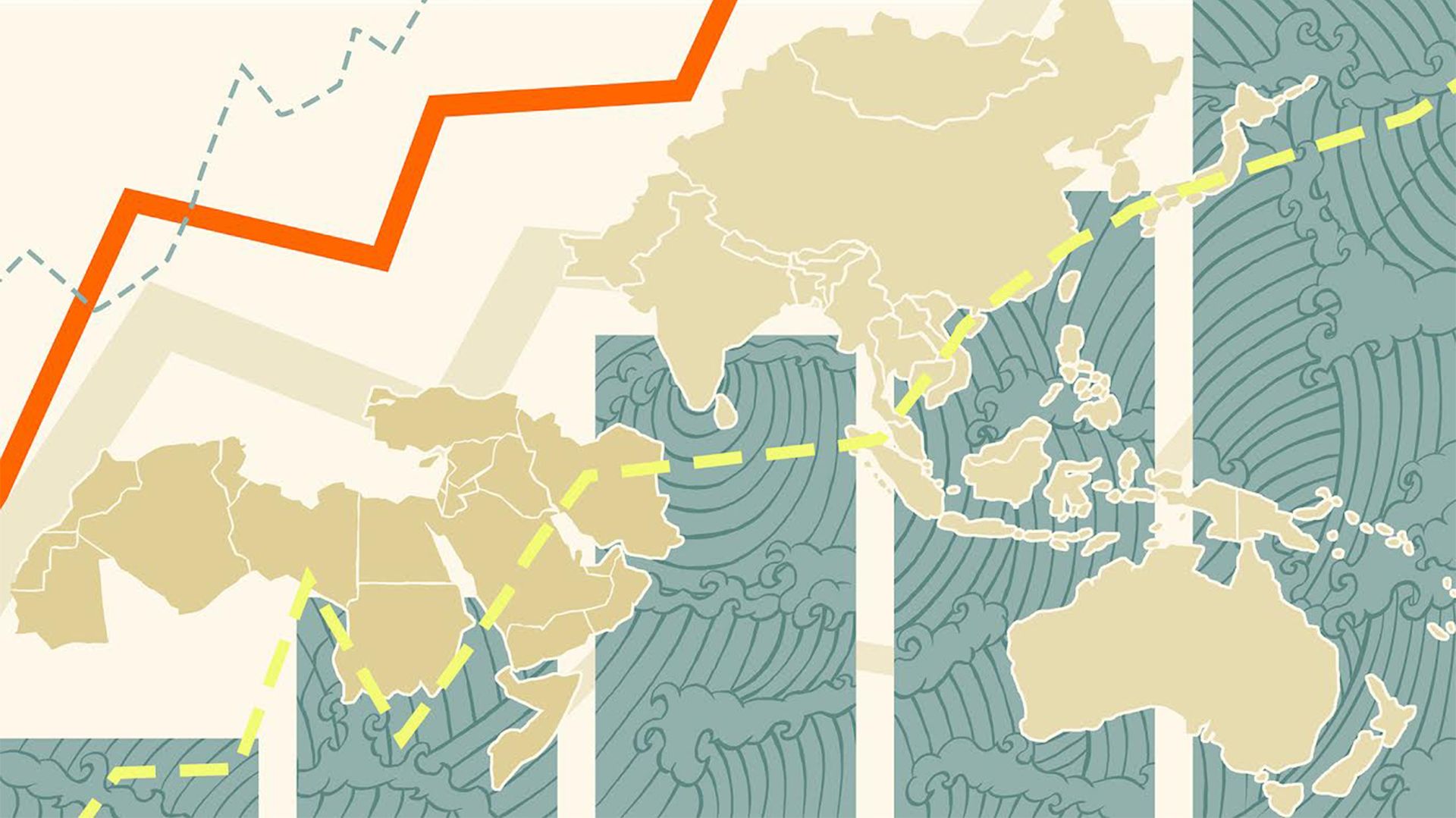 A graphic map of Asia in with trends lines in green, yellow and orange showing an upward economic trajectory.