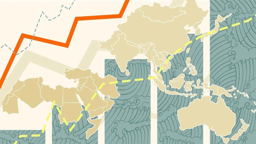 A graphic map of Asia in with trends lines in green, yellow and orange showing an upward economic trajectory.