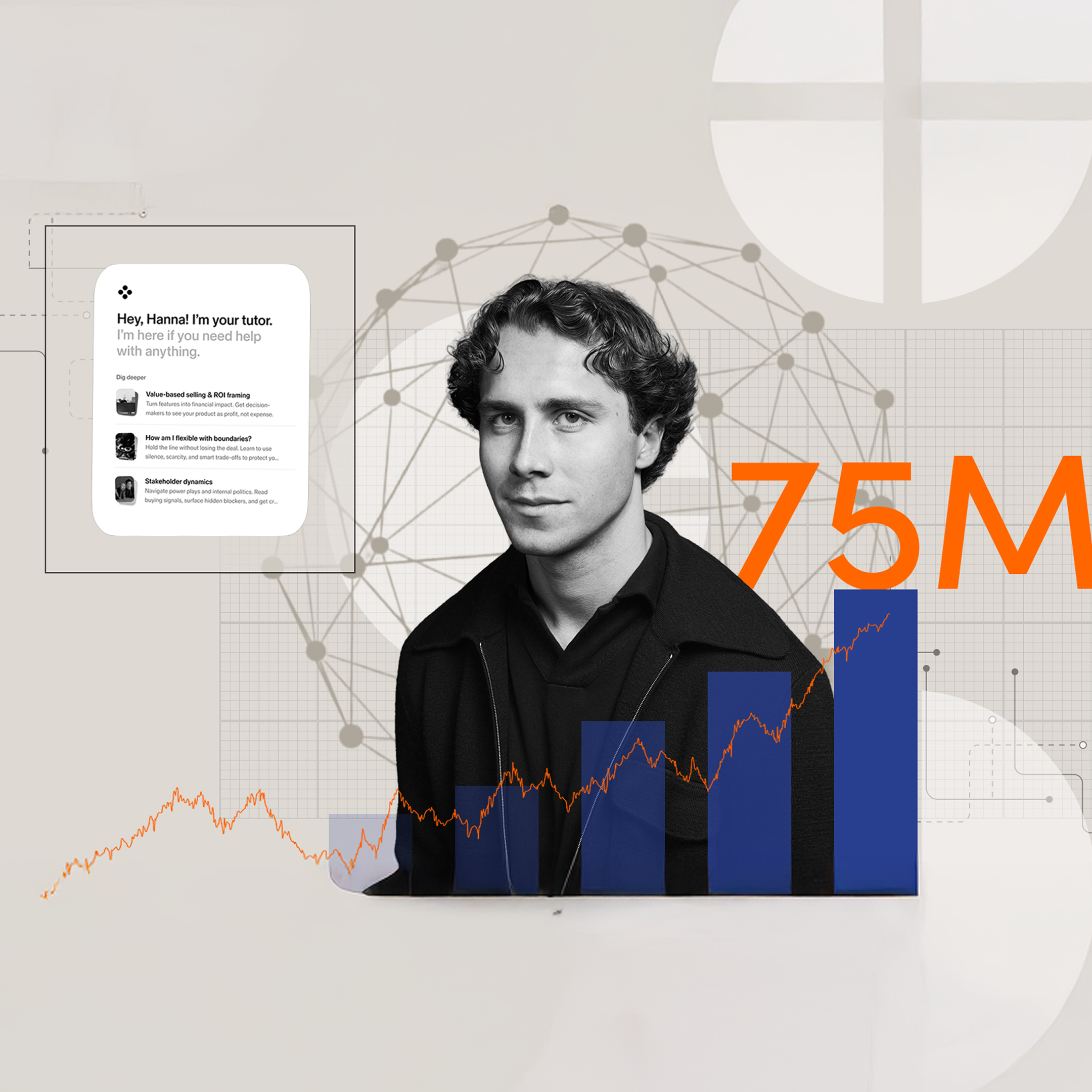 Collage featuring a person in black-and-white beside digital network graphics, a tutoring app screen, blue bar charts, an orange line graph, and the number 75M in large orange text.