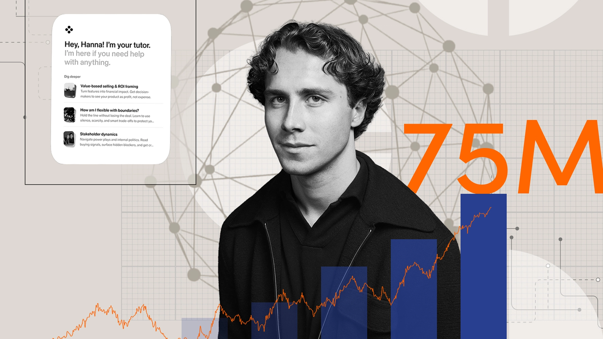 Collage featuring a person in black-and-white beside digital network graphics, a tutoring app screen, blue bar charts, an orange line graph, and the number 75M in large orange text.