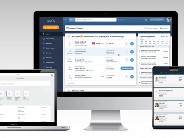 A desktop computer, laptop, and tablet displaying a software interface called "Wand".