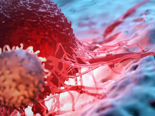 A close-up 3D rendering of a red cancer cell with intricate structures.