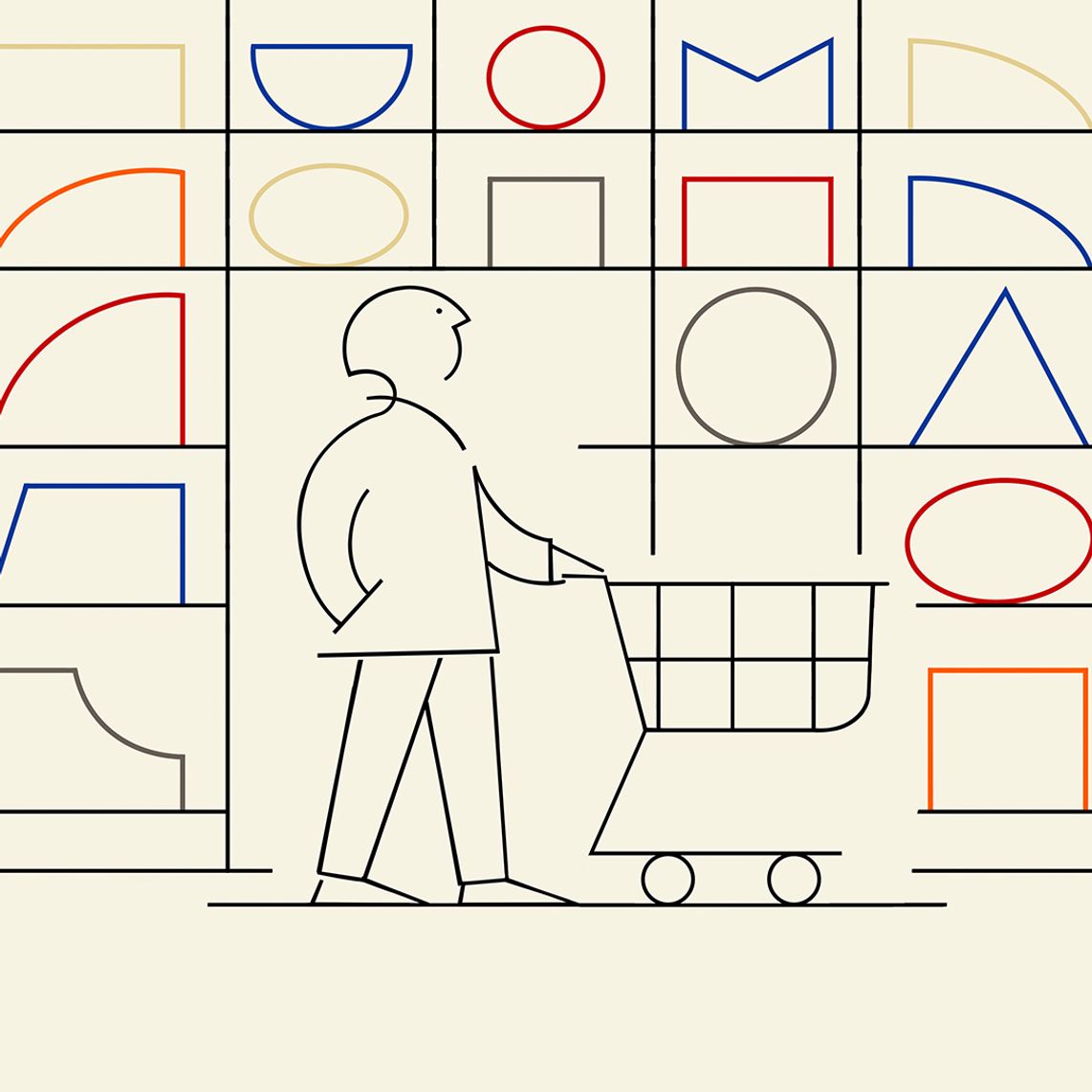 A minimalist line drawing of a person pushing a shopping cart in front of shelves filled with colorful geometric shapes.

