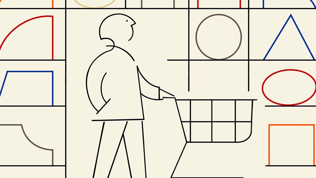 A minimalist line drawing of a person pushing a shopping cart in front of shelves filled with colorful geometric shapes.