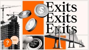 Collage featuring construction imagery, floating dollar coins, repeated text reading “Exits,” a cable‑stay bridge, speech bubbles, and a button labeled “Change to Electric Now” on orange and beige panels.