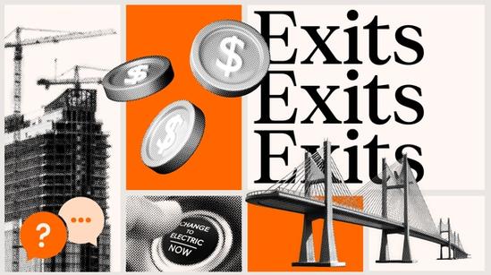 Collage featuring construction imagery, floating dollar coins, repeated text reading “Exits,” a cable‑stay bridge, speech bubbles, and a button labeled “Change to Electric Now” on orange and beige panels.