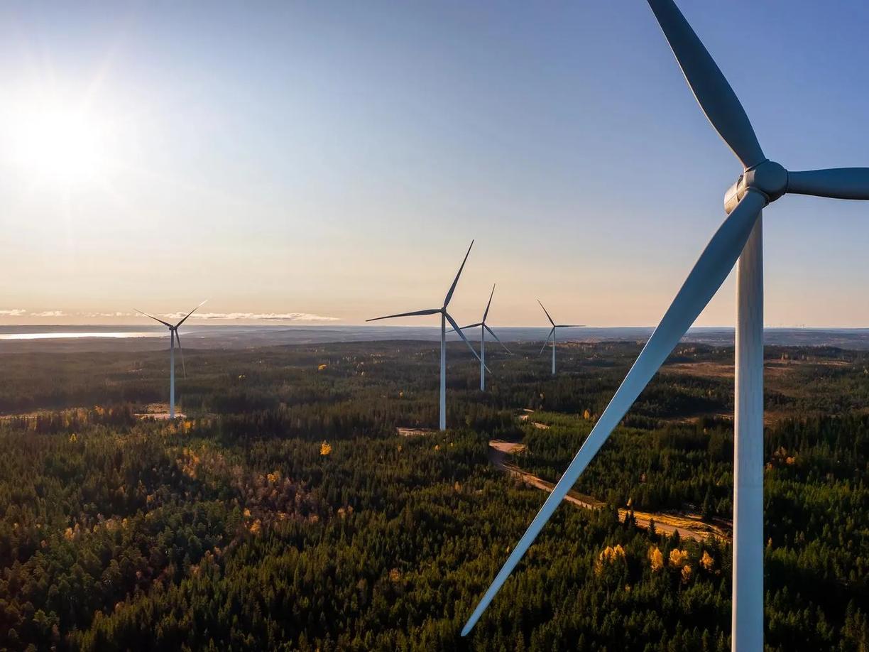 Aerial view of wind turbines scattered across a forested landscape, with the sun shining brightly in the sky.
