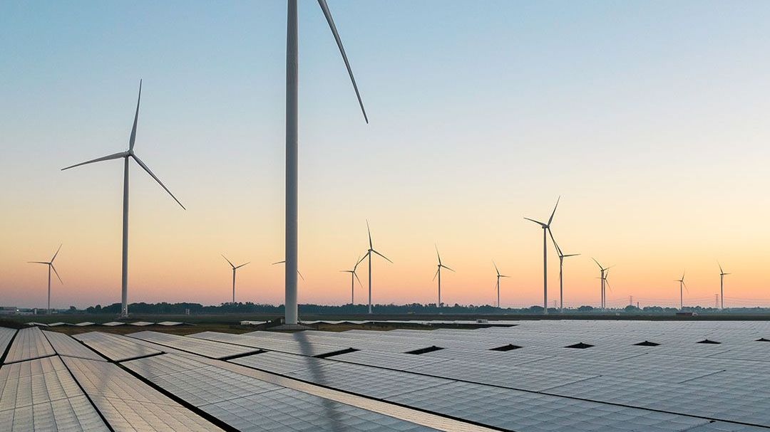 Solar panels in the foreground with multiple wind turbines stretching into the distance at sunset.
