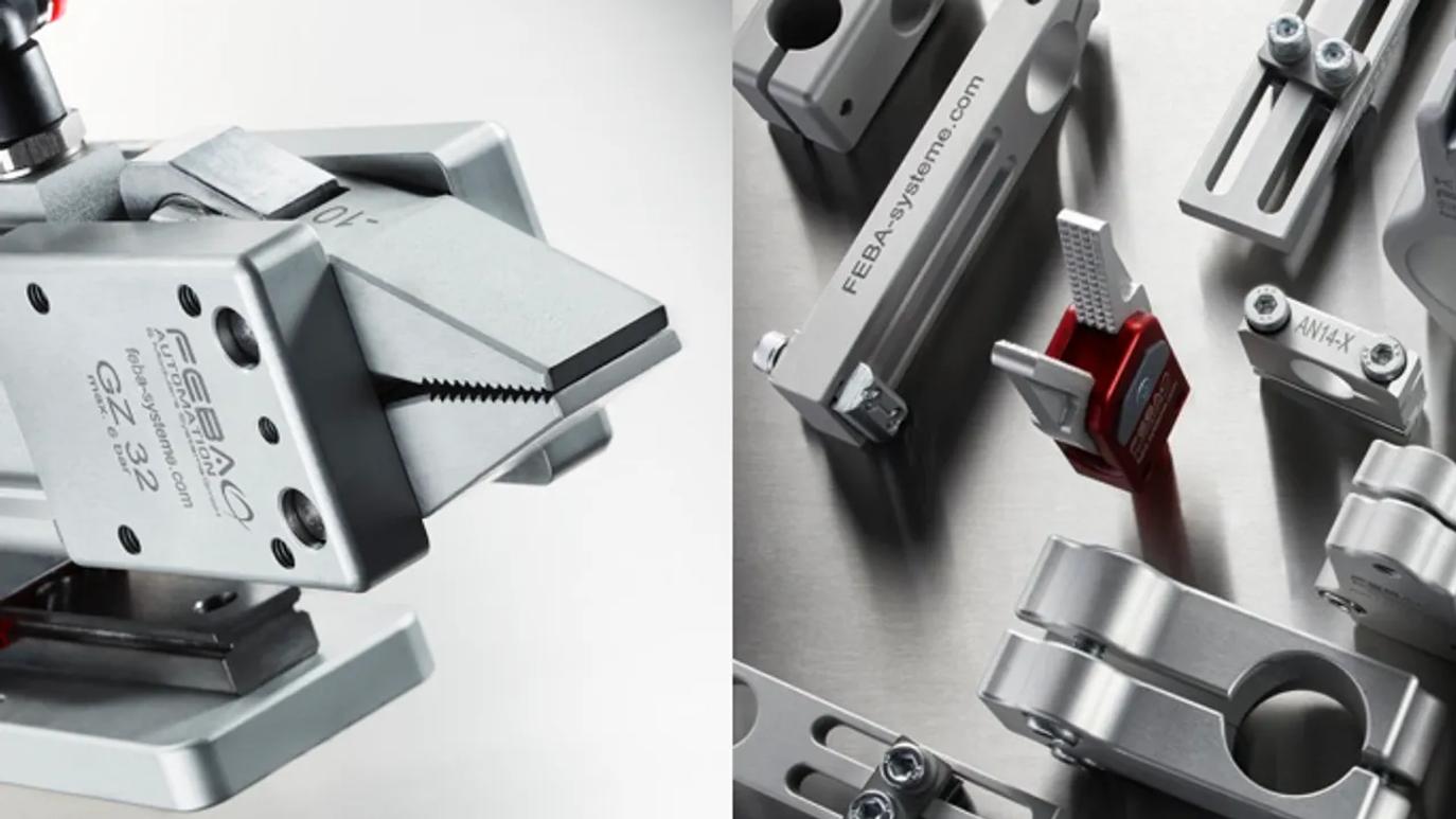 Close-up of industrial metal components and clamps with the brand "FEBA" visible on some parts.