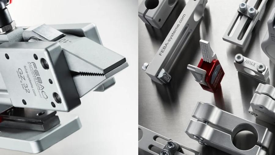 Close-up of industrial metal components and clamps with the brand "FEBA" visible on some parts.