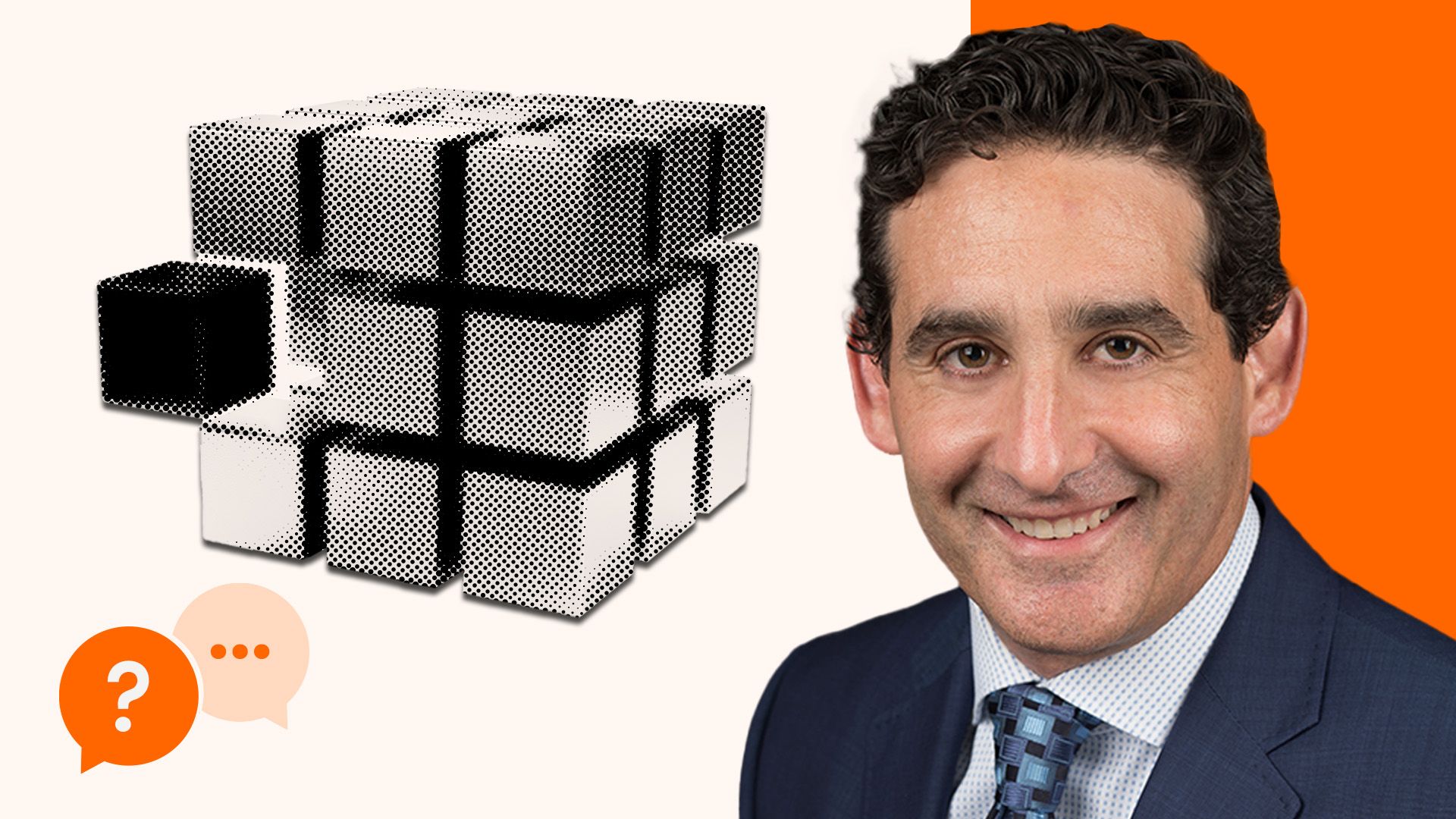Halftone illustration of a cube with one block pulled out, next to a portrait of a smiling man in a suit, with two speech‑bubble icons in the corner.