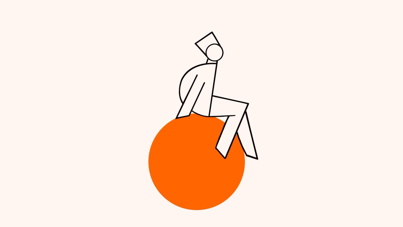 Minimalist line drawing of a figure sitting on a large orange circle.