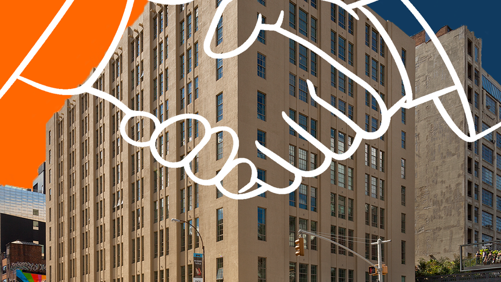 A city street scene with a large building in the center, overlaid by a white outline of a handshake, and a background split between bright orange and dark blue.