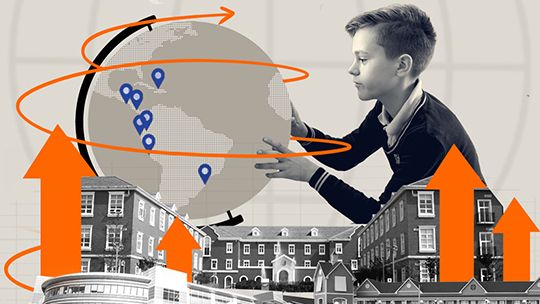 A collage-style illustration of a boy interacting with a globe, surrounded by school buildings, location markers, orange arrows, and an "A+" grade, representing global education and achievement.