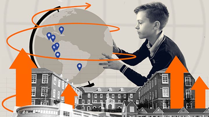 A collage-style illustration of a boy interacting with a globe, surrounded by school buildings, location markers, orange arrows, and an "A+" grade, representing global education and achievement.