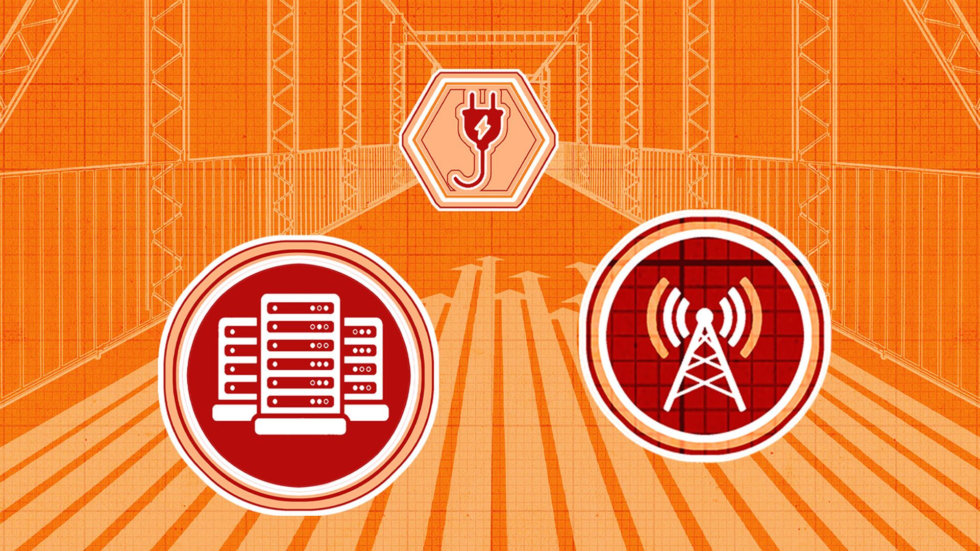 Illustration of a bridge structure with icons representing power, data centers, and telecommunications on an orange background.