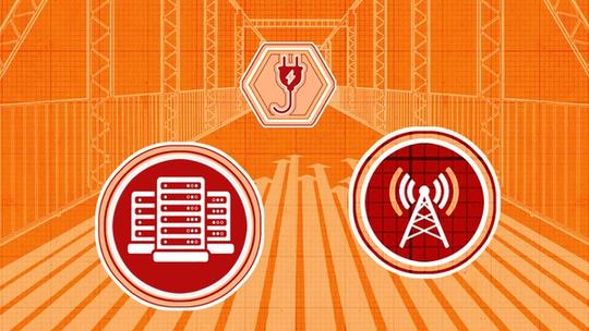 Illustration of a bridge structure with icons representing power, data centers, and telecommunications on an orange background.