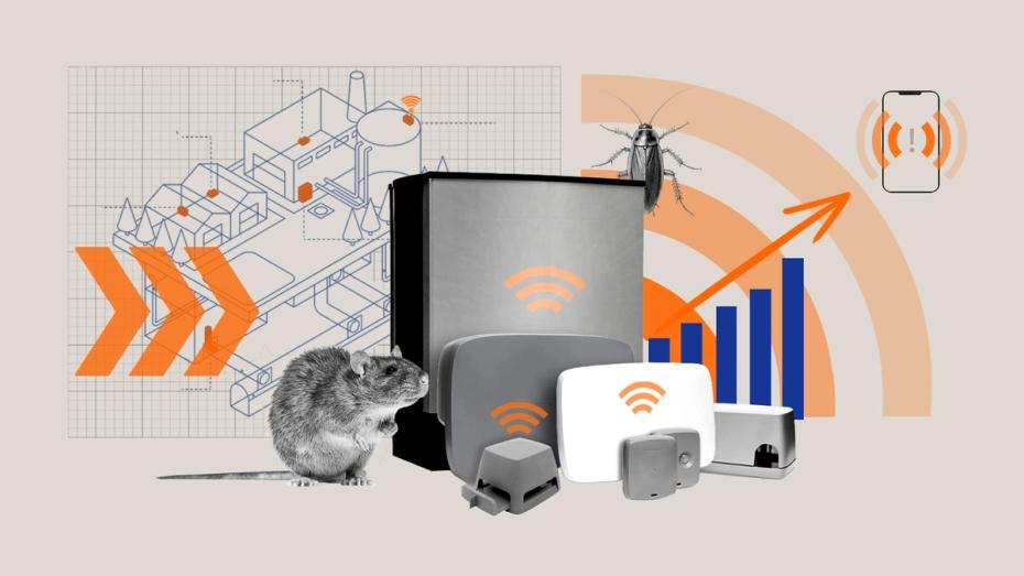 A collage-style illustration featuring smart pest control devices, a rat, a cockroach, a bar chart with an upward arrow, and a schematic of a building, symbolizing digital pest monitoring and alerts.
