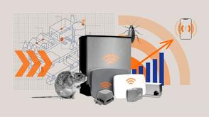 A collage-style illustration featuring smart pest control devices, a rat, a cockroach, a bar chart with an upward arrow, and a schematic of a building, symbolizing digital pest monitoring and alerts.