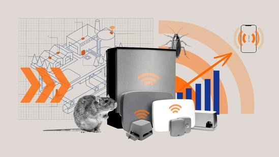 A collage-style illustration featuring smart pest control devices, a rat, a cockroach, a bar chart with an upward arrow, and a schematic of a building, symbolizing digital pest monitoring and alerts.
