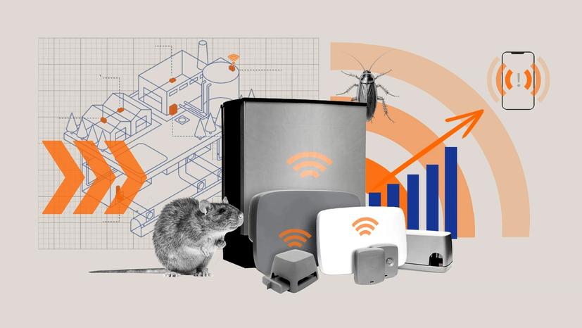A collage-style illustration featuring smart pest control devices, a rat, a cockroach, a bar chart with an upward arrow, and a schematic of a building, symbolizing digital pest monitoring and alerts.