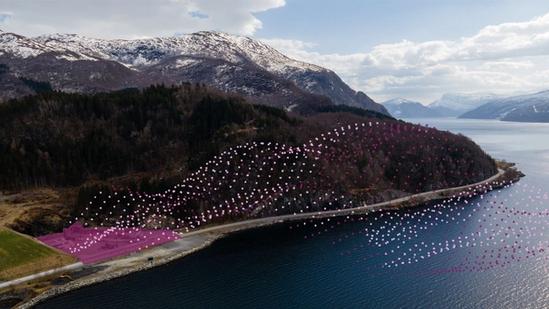 A fjord landscape with mountains and water, overlaid with pink and purple dotted patterns flowing across the hillside and shoreline.