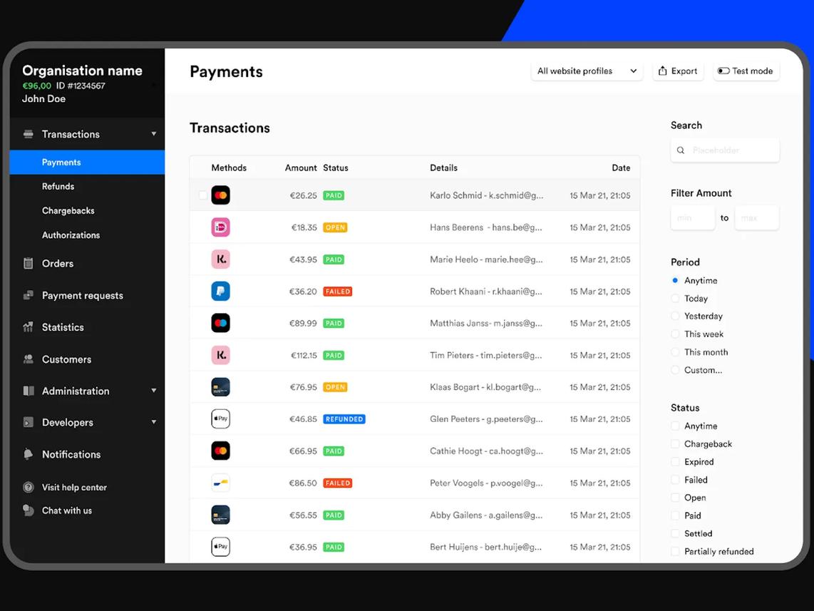 A digital dashboard displaying a list of payment transactions with details such as methods, amounts, statuses, and dates.