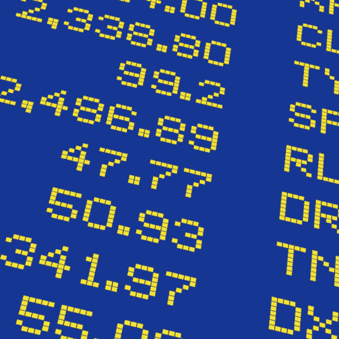 Close-up of digital yellow numbers and percentages on a blue background, resembling a stock market display board.