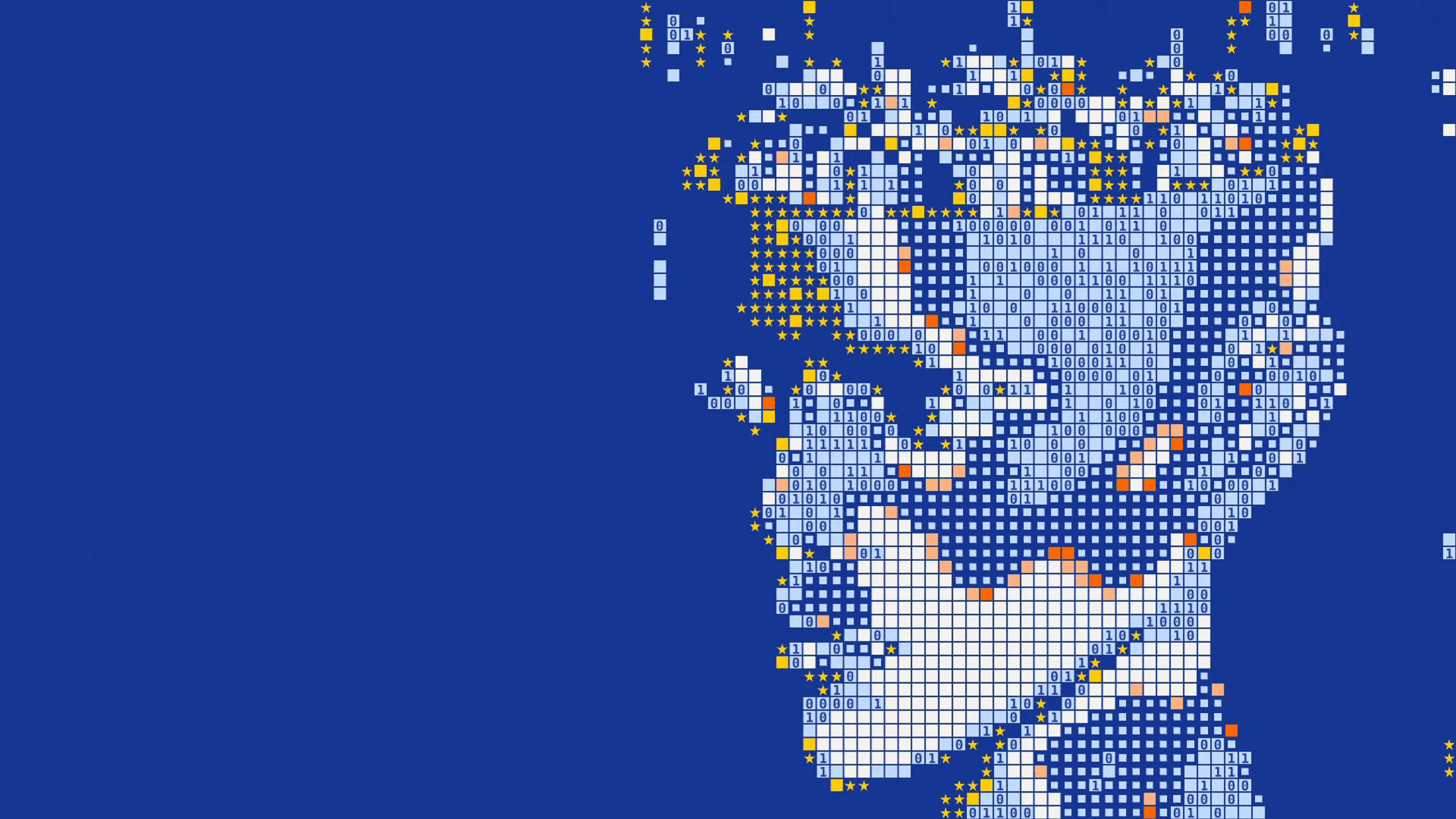 A stylized head on a blue background. 