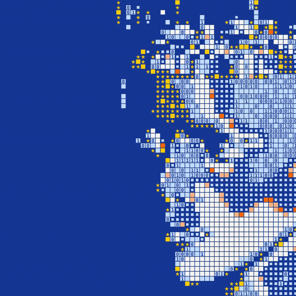 A stylized head on a blue background.