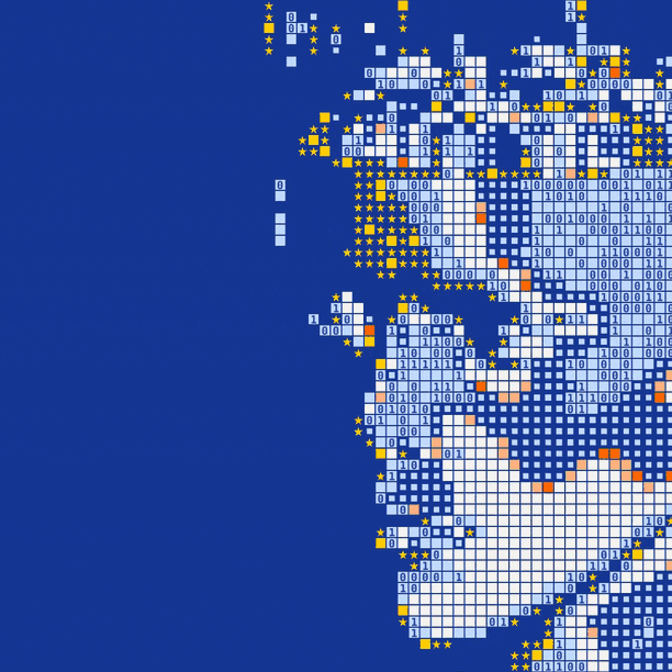 A stylized head on a blue background.