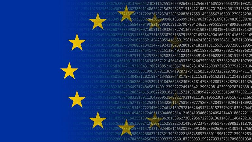 European Union flag with yellow stars mixed with computer text.