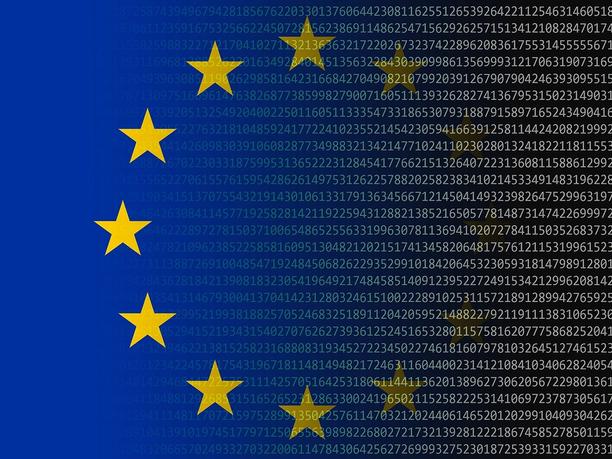 European Union flag with yellow stars mixed with computer text.
