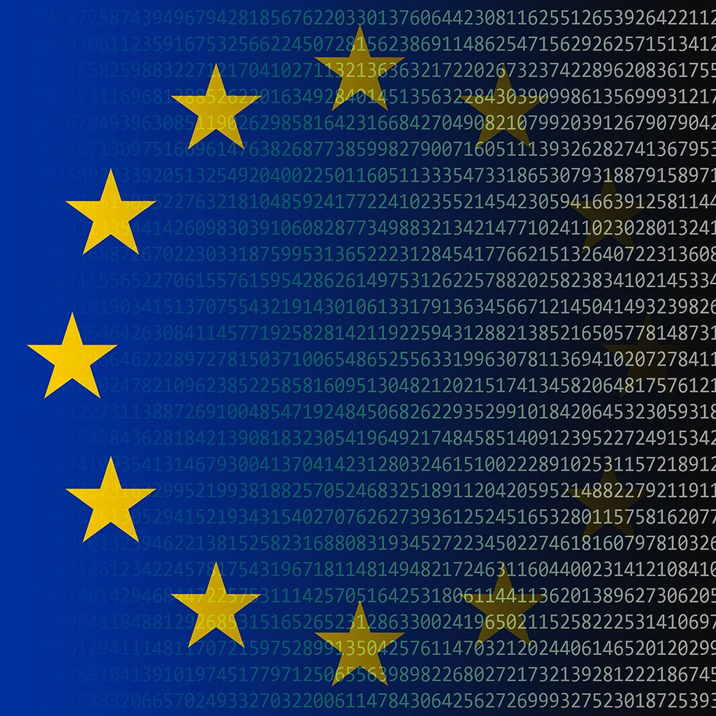 European Union flag with yellow stars mixed with computer text.
