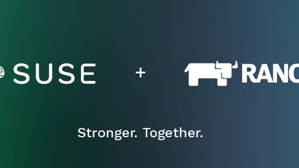 Logos of SUSE and Rancher with the text "Stronger. Together." on a gradient background.