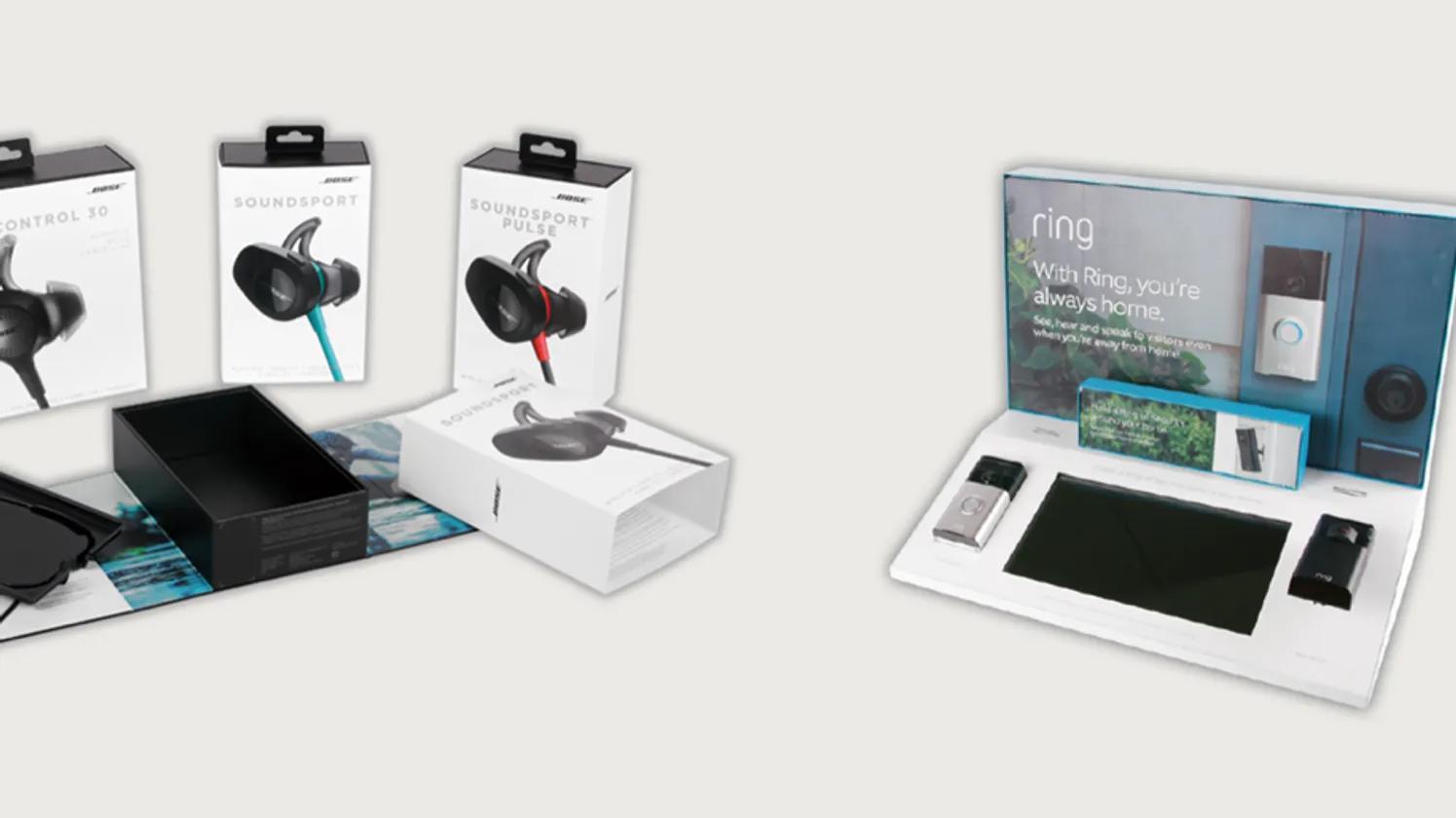 Packaging for Bose SoundSport headphones on the left and a Ring doorbell display on the right.