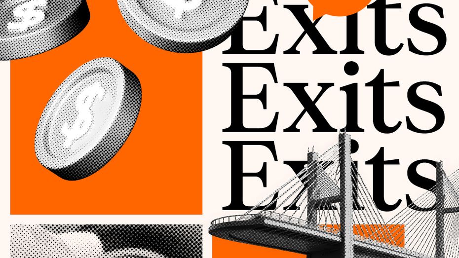 Collage featuring construction imagery, floating dollar coins, repeated text reading “Exits,” a cable‑stay bridge, speech bubbles, and a button labeled “Change to Electric Now” on orange and beige panels.