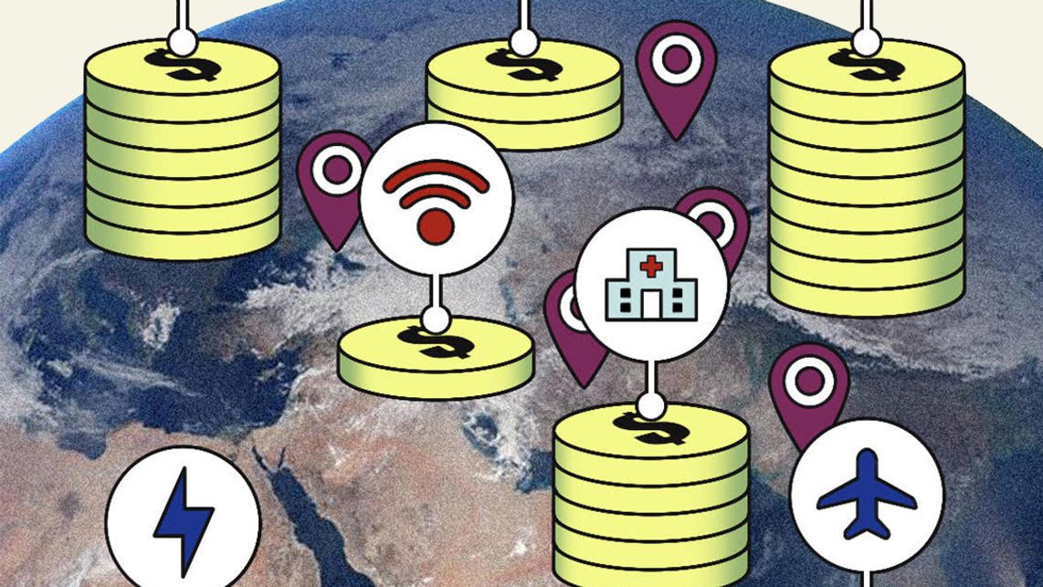 A graphic of a globe with stacks of dollar coins on various parts of the world with circular icons representing industries such as hospitals, rail, roads, airports utilities and education.