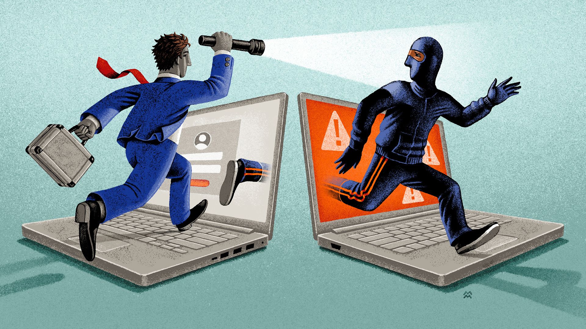 Illustration of a businessman chasing a masked hacker, both emerging from laptop screens, symbolizing cybersecurity threat detection.