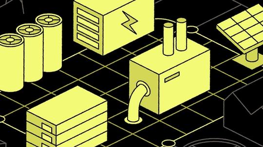 Isometric illustration of energy infrastructure on a black background, featuring yellow batteries, a power unit with a lightning bolt, a solar panel, and industrial buildings connected by grid lines.