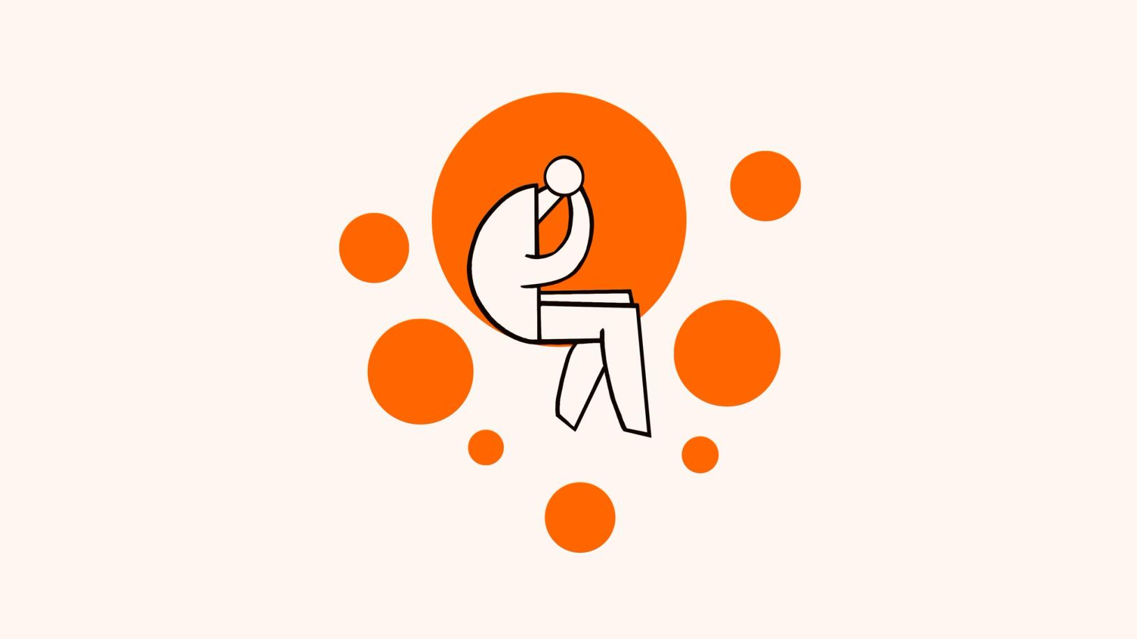 Minimalist line drawing of a figure sitting on a bench, surrounded by several orange circles.