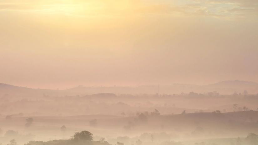 Sun shines through clouds over fog covered forest