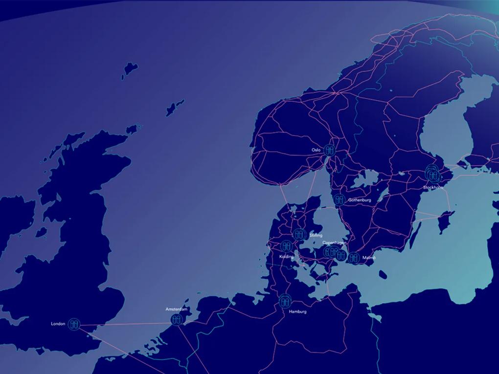 A digital map highlighting parts of Northern Europe, including the UK, Scandinavia, and the Netherlands.