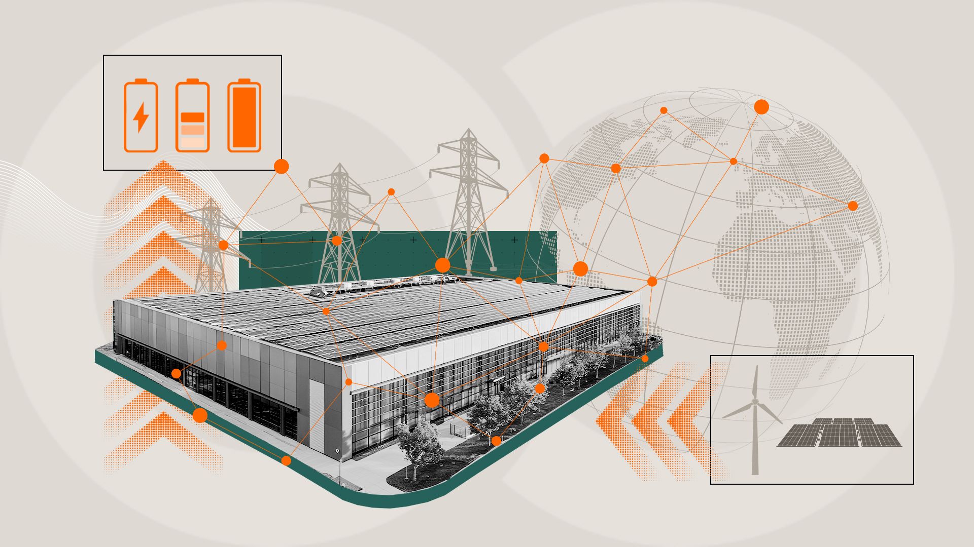 Illustration of a large industrial facility connected to power lines and a global network, with icons for batteries, wind turbines, and solar panels.