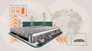 Illustration of a large industrial facility connected to power lines and a global network, with icons for batteries, wind turbines, and solar panels.