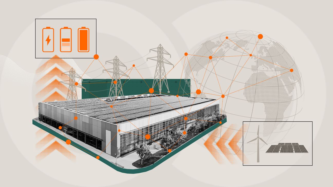 Illustration of a large industrial facility connected to power lines and a global network, with icons for batteries, wind turbines, and solar panels.